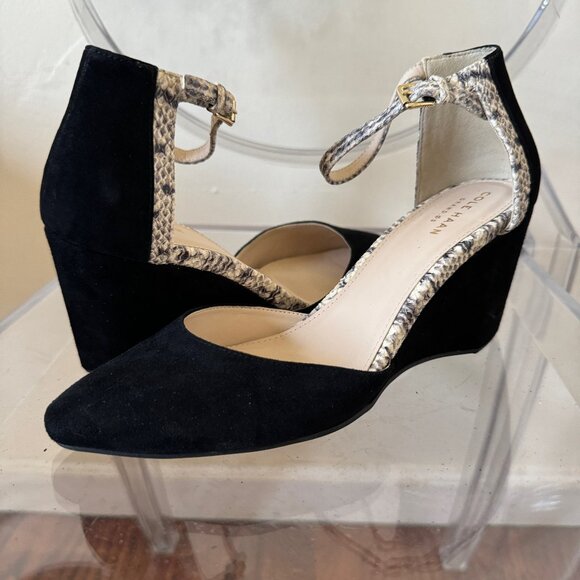 Cole Haan Shoes - Cole Haan Lara Ankle Strap Wedge Pump, Black Suede Snake, Size 7.5